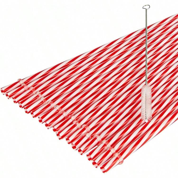 12 pajitas de plstico reutilizables de Navidad a rayas rojas y blancas con cepillo para polvo limpiador, pajitas de Navidad con anillos para suministros de Navidad de boda y 9 pulgadas - 22,86 cm - Añade 4