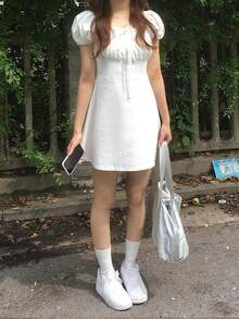 女款純色方領百褶休閒派對泡泡袖洋裝，優雅白色夏季款 - 白色 - 查看 4