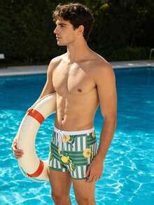 Herren neue grüne Badehose mit Fruchtmuster-Patchwork, reinweißer Taille mit Futter, Kordelzug an der Taille, modische Badeshorts für Strand, Urlaub, Meeresküste, heiße Quellen und Wasserspaß - Verschiedenfarbig - Übersicht 2