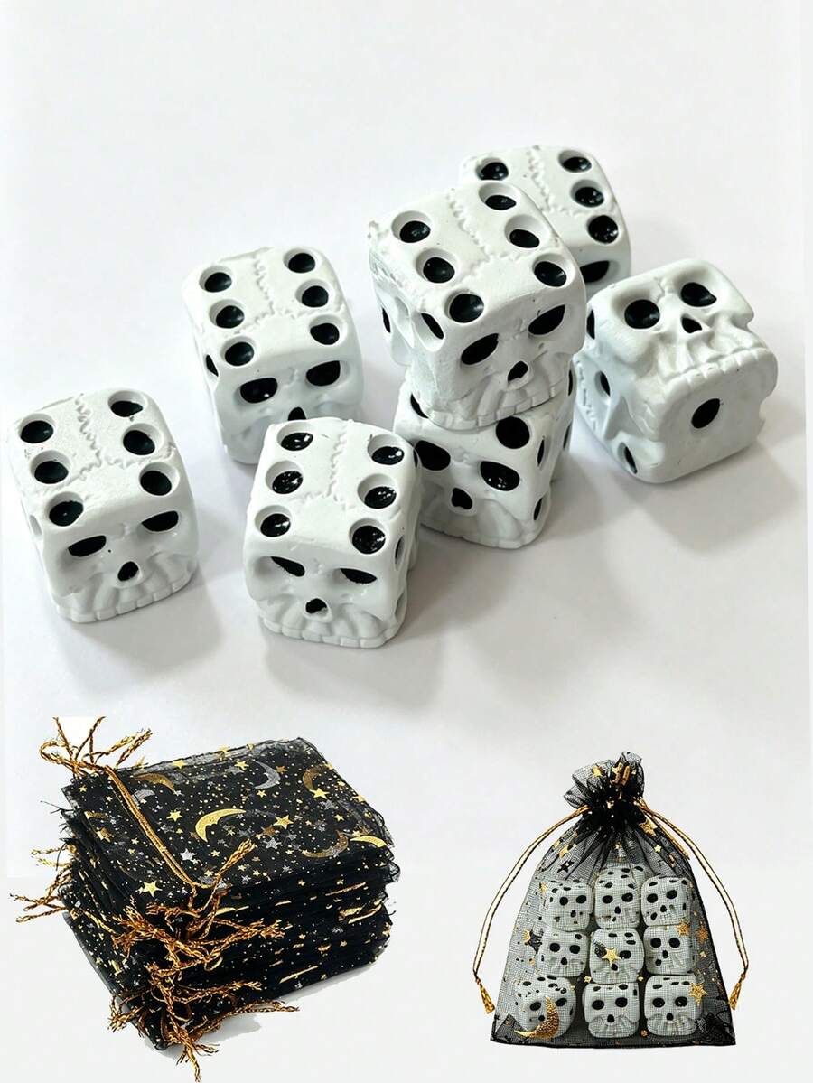 黑白萬聖節骷髏骰子組,附星月圖案抽繩收納袋,適合派對桌遊、桌面遊戲、派對活動、家庭娛樂、派對禮物、派對遊戲道具,萬聖節派對恐怖主題桌面遊戲配件 - 多色 - 查看 1