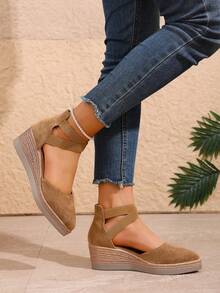 Damen-Keilsandalen mit geschlossener Zehenpartie aus Strohgeflecht, geflochtene Seil-Sandalen im römischen Stil mit dicker Sohle, sommerliche lässige Strandschuhe - Khaki - Übersicht 4