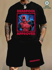Deadpool Approved Character Design Print Summer Holiday Outfits Cotton T-Shirt And Shorts Set Marvel Superhero Graphic, Streetwear Casual Clothes - 黑色 - 查看 2