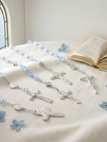 1pc Fashion Women's Y-Shaped Rosary Necklace, Blue Cat Eye Bead Vintage Virgin Mary Cross Pendant Y-Shaped Necklace, Catholic Religious Prayer Beads, Y2K Elegant Daily Decorative Jewelry, Valentine's Day, Mother's Day, Baptism Gift - Baby Blue - View 4
