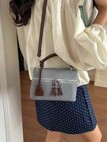 1 pieza Bolso cuadrado pequeño de mano con bloques de color, bolso de caja de moda, tela de PU, bolso bandolera cuadrado, bolso de uso diario, bolso de almacenamiento para teléfono y lápiz labial, adecuado para mujeres, estudiantes universitarias, oficina, universidad, trabajo, negocios, transporte, ir al trabajo, viajes - Azul - Ver 7