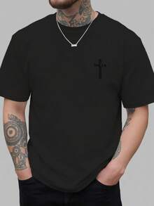 Gospel Of John 3:16, New Men's Crew Neck T-Shirt With Cross Print On Both Sides, Casual, Sporty, Modern And Loose Style, Short Sleeve T-Shirt For Students - 黑色 - 查看 2