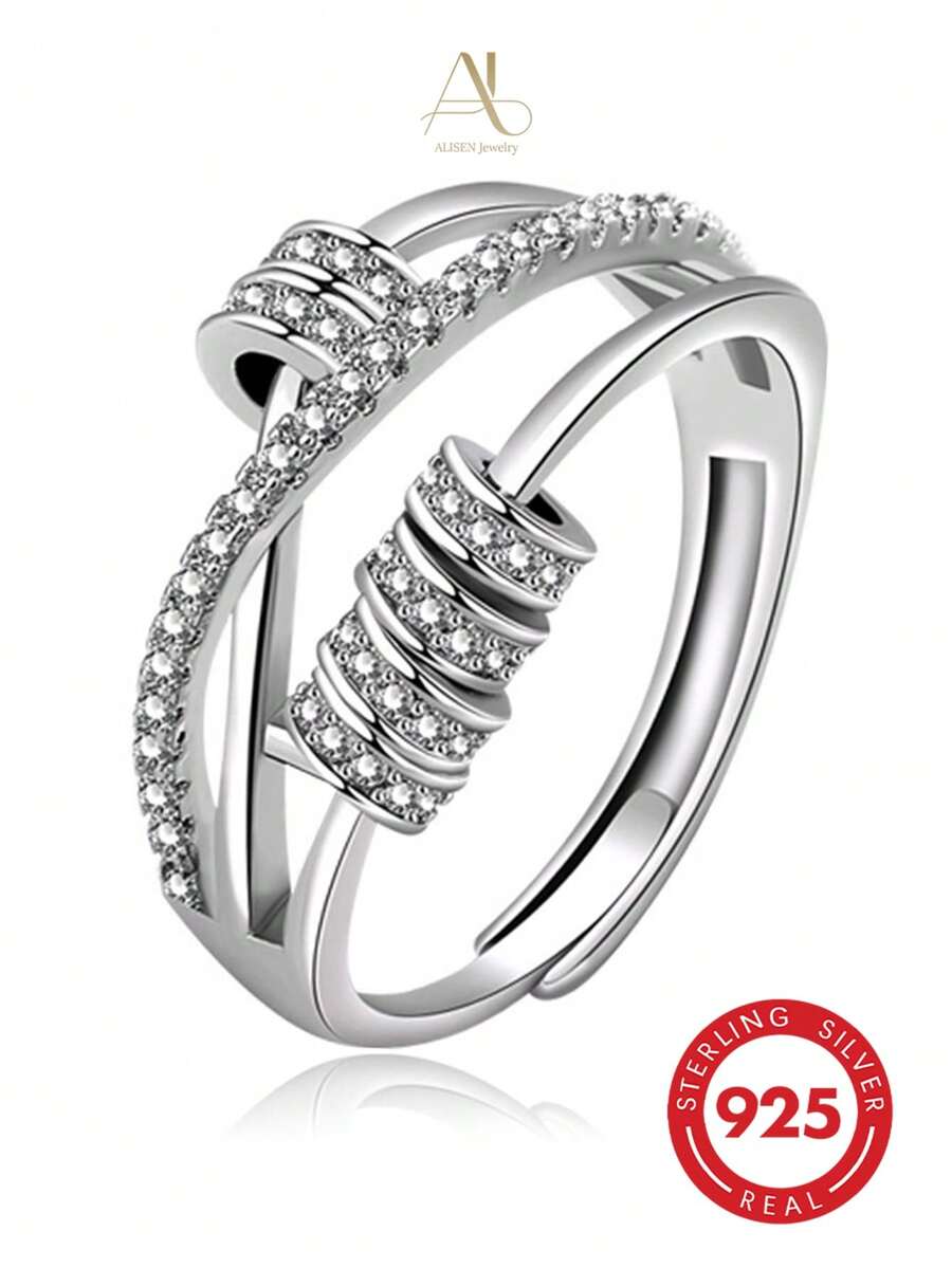 1pc Elegant Luxury Minimalist 925 Sterling Silver Synthetic Cubic Zirconia Geometric Movable Ball Open Ring, Women's Holiday, Banquet, Wedding, Party Gift - Silver - View 1