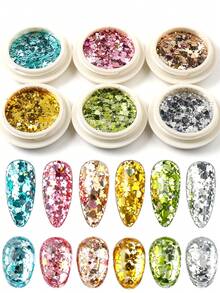 6 cajas de mini brillo para uñas con forma de corazón redondo brillante, decoración de arte de uñas con estrellas brillantes, lunares, metal dorado, plateado, verde, azul y rosa, estilo de fiesta de verano, suministros DIY para uñas, dijes para uñas - Multicolor - Ver 6