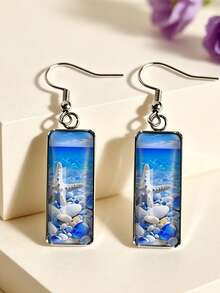 1 Pair Rectangular Ocean Style Pattern Sailboat Earrings Sailboat/Lighthouse/Anchor/Starfish Shell Summer Beach Vacation Earrings - Silver - View 11