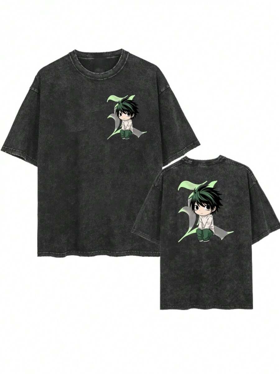 Unisex Washed Black Short Sleeve T-Shirt For Men And Women, With Japanese Anime Character Illustration Lawliet Chibi, Gothic Letter L, Retro Harajuku Streetwear Style, Hip Hop, Casual - 黑色 - 查看 1