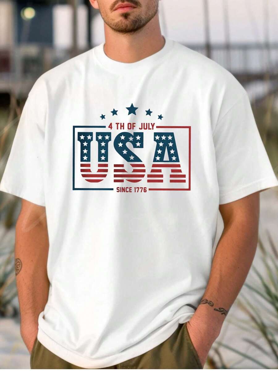 Camiseta blanca lisa para hombre: diseño patriótico 4 de abril, EE. UU. desde 1776 - Blanco - Ver 1