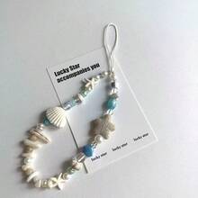 Cordón para teléfono estilo isla con conchas naturales & estrella de mar, fragmentos de conchas naturales seleccionados, estrella de mar de piedra porosa combinada con cuentas de esmalte azul & perlas falsas, textura de playa natural. Enhebrado a mano estilo vintage casual, adecuado para teléfonos, llaves & bolsos de hombro, ambiente de vacaciones, accesorio fresco de nicho de verano, creando un estilo relajado de playa - Celeste - Ver 4