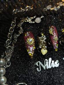 10入組手工全覆蓋尖形穿戴式假指甲，黑色美甲，可拆卸且可重複使用，4種尺寸可選，哥德巴洛克奢華風格，適合日常、派對、Cosplay、辦公室、學生使用，附果凍膠與指甲銼 - 黑色 - 查看 5