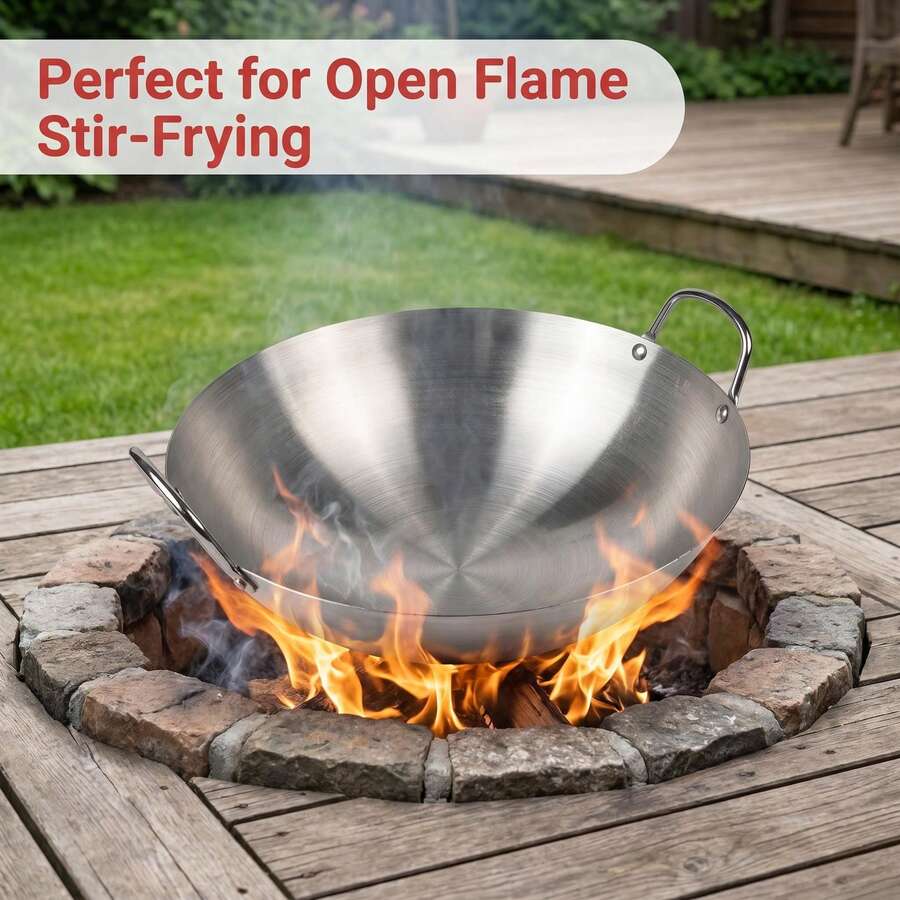Stainless Steel Wok With Double Handles, Thickened Heavy Duty Frying Pan For Home Kitchen Farmhouse Restaurant Courtyard Outdoor Cooking – Large Capacity Nonstick Stir Fry Wok