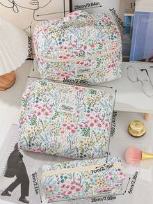 Floral Print Quilted Makeup Bag, Large Capacity Portable Cosmetic Storage Bag, Multi-Size Travel Toiletry Bag With Handle - Multicolor - View 11