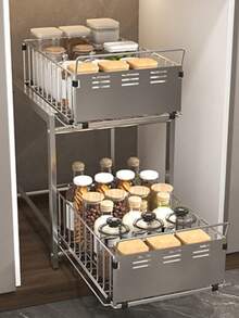 1 Buah Rak Penyimpanan Dapur Tarik Keluar Tugas Berat, Keranjang Penyimpanan 2 Tingkat yang Dapat Dilepas Terbuat dari Baja Karbon, Rak Penyimpanan Serbaguna Beroda untuk Penyimpanan Barang di Bawah Wastafel, Kabinet, dan Meja, Warna Ganda Hitam Perak - MultiWarna - View 13