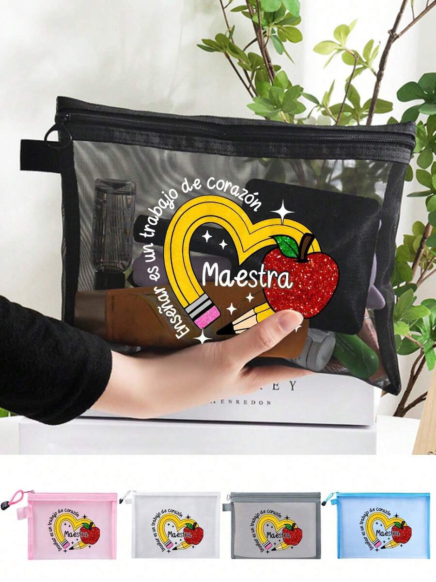 教師主題網格包,印有「Maestra」文字和蘋果圖案,透明網格收納袋洗漱包,化妝整理袋,便攜式洗漱整理袋,適合教師禮物、旅行配件|靈感設計,彩色字母印花趣味化妝包,教師節禮物,姊妹禮物,最佳教師禮物,生日禮物,週年禮物,畢業禮物,創意教師禮物 - 彩色 - 查看 1