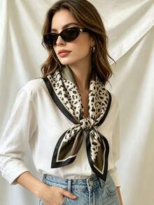 1 pièce Foulard carré chic imprimé léopard, châle, décoration de sac, accessoire indispensable pour fête et voyage, printemps-été, nouveau pour femmes - Vert sapin - Voir 4