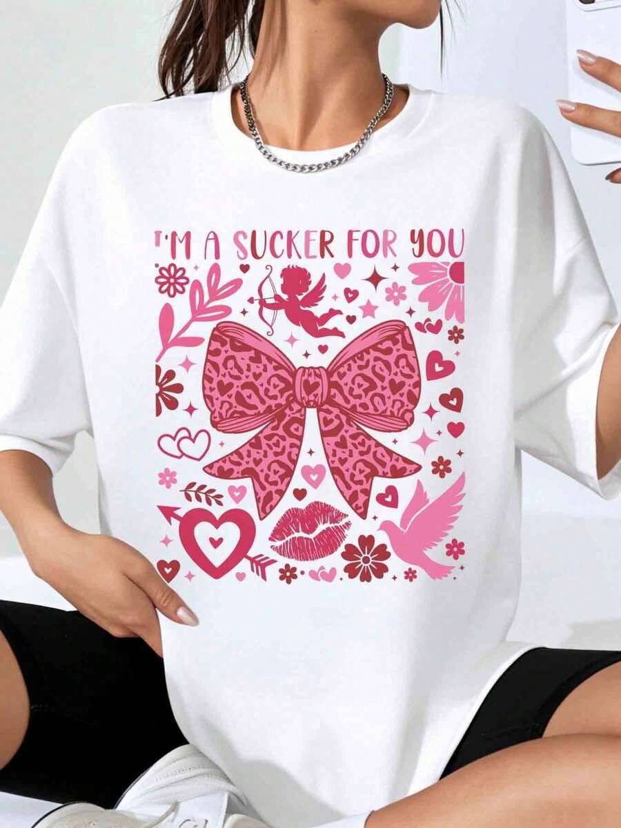 Ropa de Mujer a la Moda, Camiseta de San Valentín "I M A Sucker For You" con Diseño de Lazo Rosa y Corazones, Camiseta Gráfica Romántica y Linda para Mujeres y Niñas, Regalo para el Día de S - Blanco - Ver 1