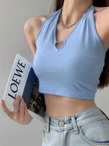 Camisola con cuello en V y corazón ahuecada para mujer, camisetas sin mangas con cuello Halter, camisola recortada ajustada con cordones a la moda de verano - Gris - Ver 8