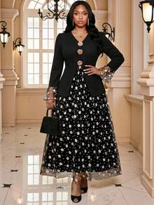 Fleurora Set da 2 pezzi taglie forti per donna, elegante abito da invitata a matrimonio con patchwork in rete floreale, abito da festa di matrimonio, outfit da carnevale, costume da carnevale, vacanza - nero - Visualizzare 8