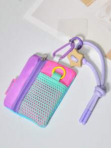 1 Set Dopamine Color-Block Star Adjustable Braided Phone Wrist Strap Coin Purse, Korean Style Patchwork Mesh Tulle Mini Cute Portable Key Coin Storage Zipper Pouch, Multi-Functional Portable Student Bus Card Earphone Lipstick Storage Colorful Small Bag - Multicolor - View 15