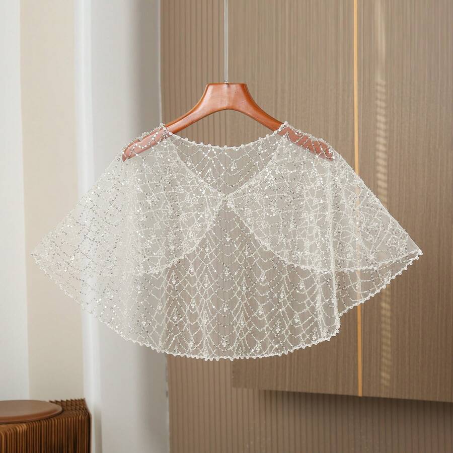 1pc New Handmade Beaded Sequin Lace Wedding Dress Gown Wedding Party Versatile Cape Shawl - White - View 1