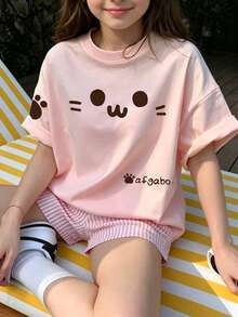 1件少女印花短袖T恤，学生青少年服装，儿童夏季上衣 - 粉色 - 查看 1