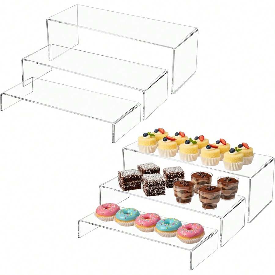 3/6/9 Pcs Clear Cupcake Display Risers 3 Tiers Rectangular Risers Display Stands Thick Collectibles Jewelry Display Shelf Display Shelves Risers - View 1
