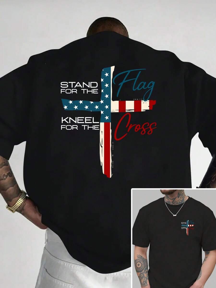 Defend Yourself Against The Flag, Kneel Before The Cross, New Men's Crew Neck T-Shirt With Double-Sided Print, Casual And Sporty Fashion Loose Top, Short Sleeve For Students - 黑色 - 查看 1