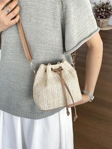 Fashionable New Style Shoulder Crossbody Handbag Tote Bag Work Commuter Bag Textured Drawstring Bucket Bag Minimalist Fashion Shoulder Bag - Beige - View 5