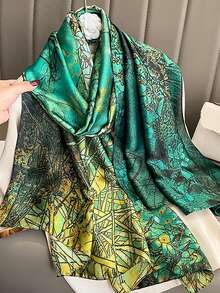 Fashionable Versatile Women's Silky Scarf, 1pc Printed Silk Scarf, Casual Polyester (Polyester) - Green - View 1
