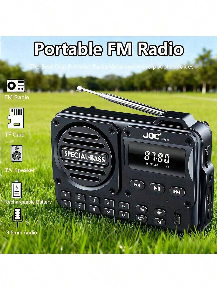 便携式FM收音机，带液晶显示屏和USB-C接口，口袋大小，内置3W清晰扬声器和3.5mm耳机插孔，内置可充电电池，支持TF卡，兼容智能手机/平板电脑/iPod，适合步行/健身/户外活动，实时FM调谐（无AM）