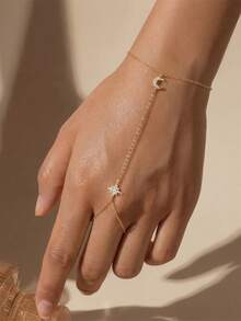 SereneSpark 1pc 925 Sterling Silver Exquisite Star & Moon Cubic Zirconia Chain Ring Bracelet, Suitable For Wedding, Party, Gift, Travel And Other Occasions - Gold - View 5
