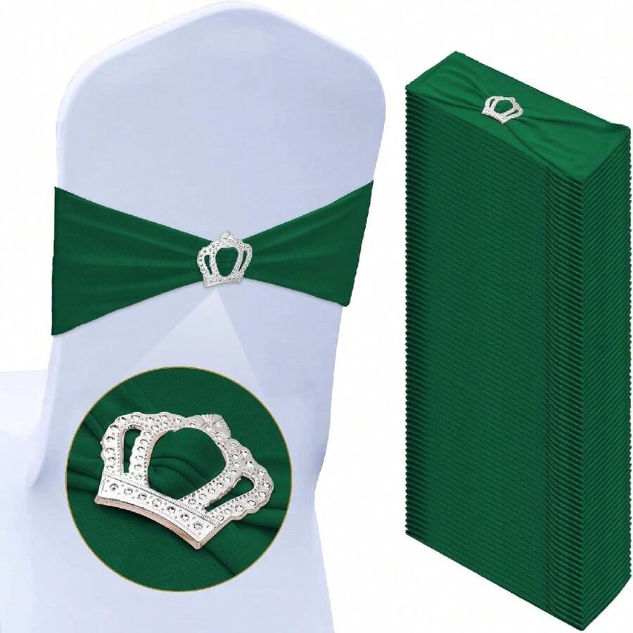 10pcs Spandex Chair Back Decorative Tie Straps, Elastic Chair Bands With Bows And Crown-Shaped Buckle Sliders, For Graduation Season Prom Wedding Party Banquet Decoration - Dark Green - View 1