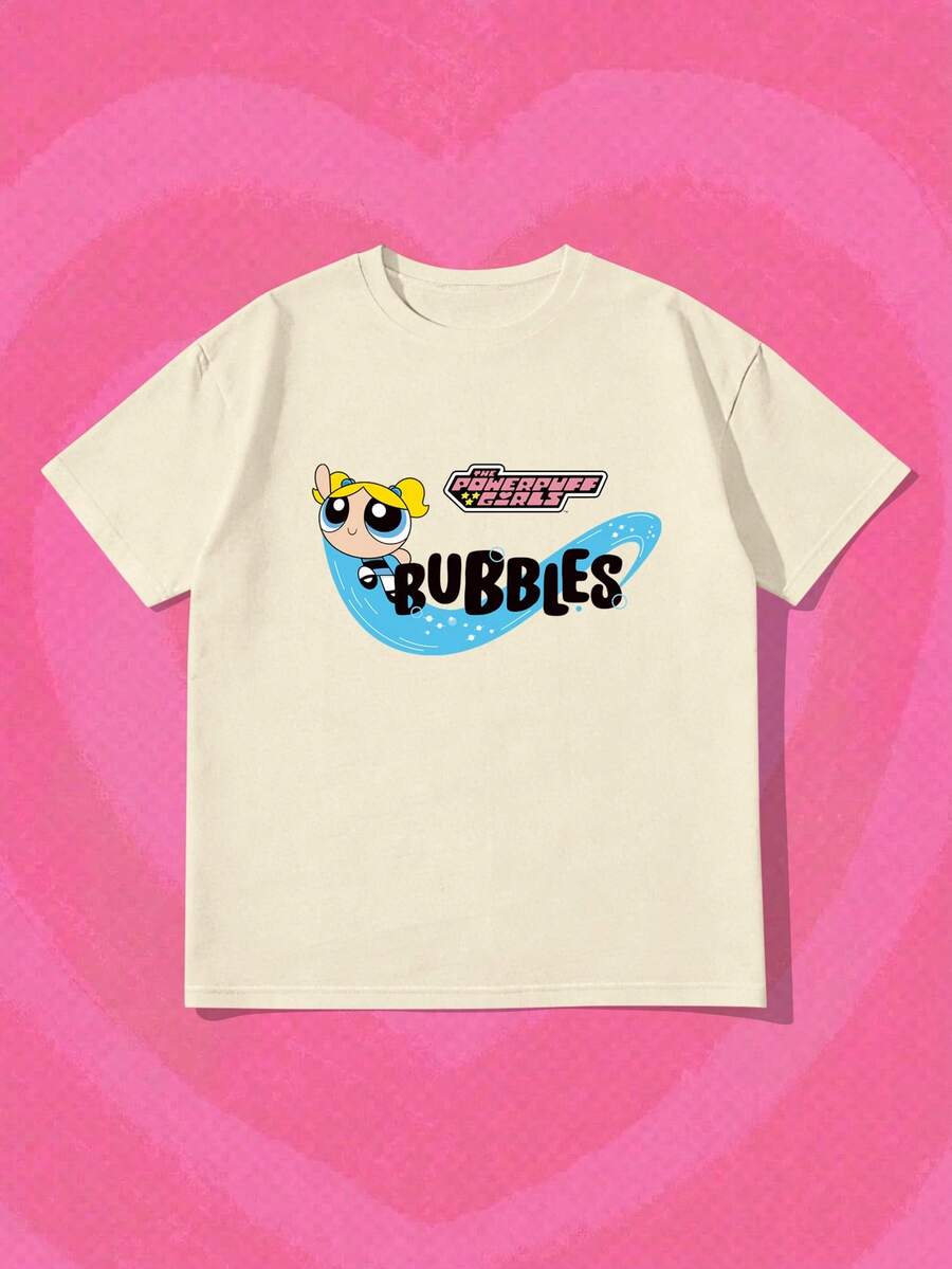SHEIN X Powerpuff Girls 女款寬鬆圓領印花上衣,舒適休閒可愛風,適合夏季日常穿著 - 杏色 - 查看 1