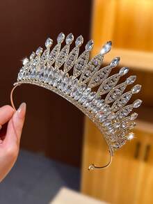 1pc Silver Large Crown Headpiece Girls High-End Crystal Tiara Birthday Gift Princess Hair Clip Hairpin Hair Accessory - Silver - View 4