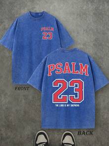 PSALM 23 Christian T-Shirt, T-Shirt With Bible Scripture 'THE LORD MY SHEPHERD', Vintage Retro Washed T-Shirt With Double-Sided Print (230 G/M² Cotton T-Shirt), Shirt - 寶藍色 - 查看 1