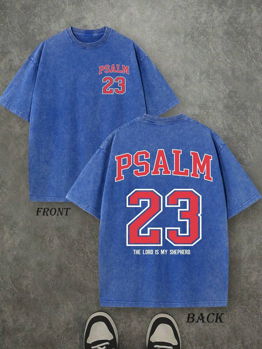 PSALM 23 Christian T-Shirt, T-Shirt With Bible Scripture 'THE LORD MY SHEPHERD', Vintage Retro Washed T-Shirt With Double-Sided Print (230 G/M² Cotton T-Shirt), Shirt - 寶藍色 - 查看 1