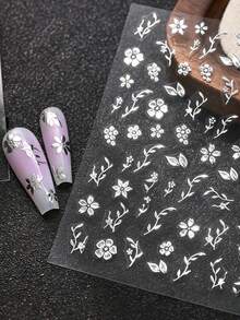 6張3D金屬花瓣美甲貼紙組,銀色櫻花、朱槿花、葉子春夏季花卉設計,DIY全息Y2K自黏凝膠美甲沙龍滑動式美甲藝術裝飾美甲用品指甲 - 彩色 - 查看 6
