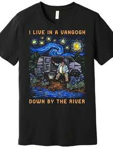 1 pieza, 100% algodón.Vivo en una furgoneta junto al río Van Gogh.Tengo una camiseta estampada, una camiseta casual para hombre, una camiseta de algodón de manga corta con cuello redondo, un - Negro - Ver 6