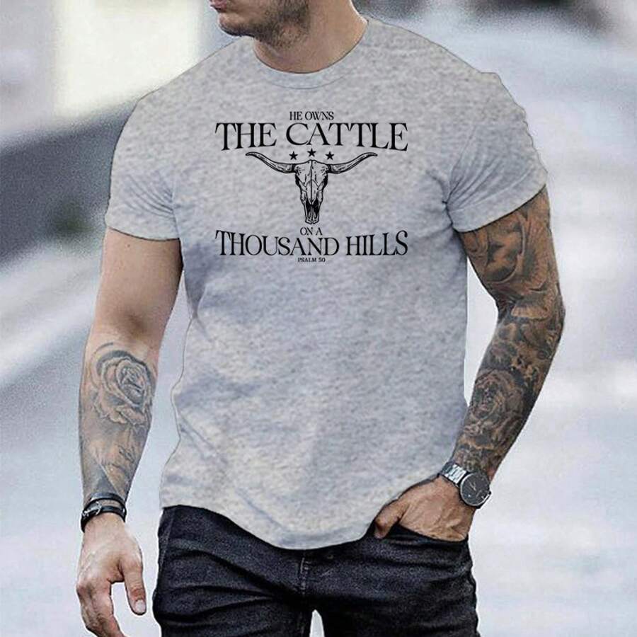 Men's Casual Grey Cotton Short Sleeve T-Shirt With Round Neck And Skull Graphic Print For Everyday Wear - 灰色1 - 查看 1