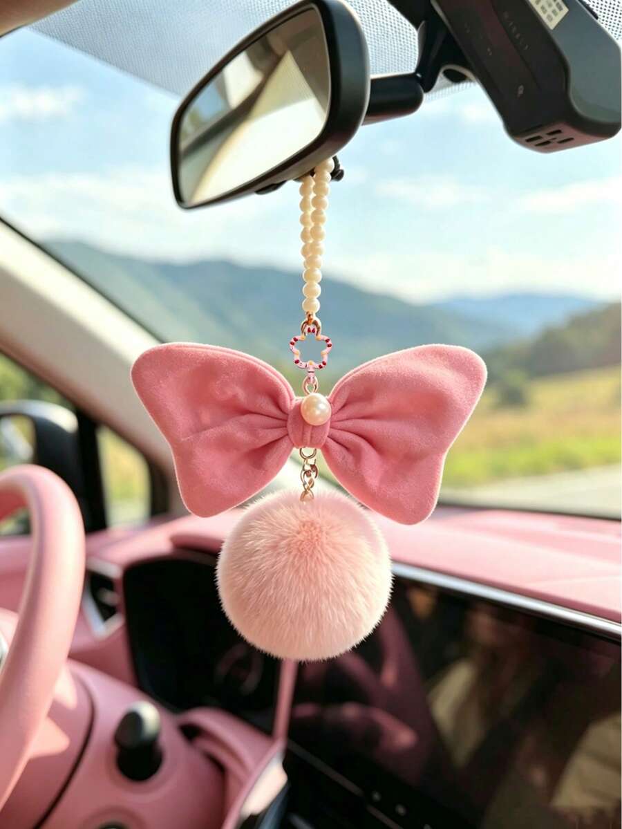 FCV Hiasan Gantung Spion Mobil Bentuk Pita Lucu, Liontin Rantai Mutiara Bola Plush Manik-Manik Unik Buatan Tangan, Cocok Sebagai Hadiah Untuk Anak Perempuan dan Wanita - Pita + Pom-pom - View 1