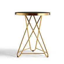 3 Colors Available Round Small Table, 60cm Marble Pattern Tabletop With Gold Steel Frame, Suitable For Living Room/Apartment/Balcony/Small Dining Area - Black - View 4