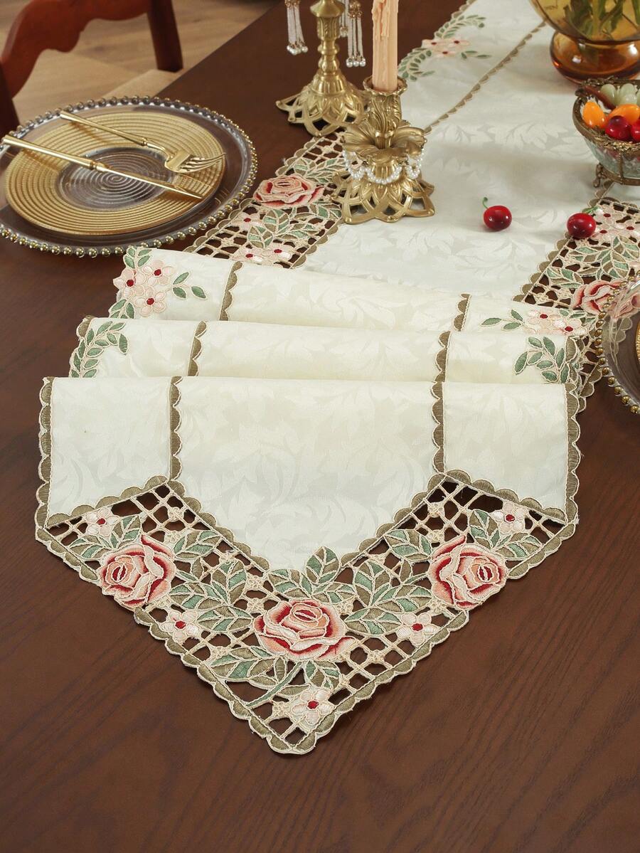 1 Stück Jacquard-Stoff mit Vintage-Rosenstickerei und Cut Out Spitze, Tischläufer, Platzset, kann auf dem Esstisch, Kaffeetisch, als Schrankabdeckung verwendet werden, geeignet für Party, Heimfest, Hochzeit, Feiertagsdekoration und Heimtextilien - Verschiedenfarbig - Übersicht 1