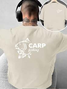 Camiseta de moda masculina con estampado creativo de doble cara con diseño de pesca de carpas, estilo casual para actividades al aire libre, para el ocio diario en casa o para activi - Negro - Ver 10