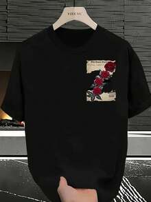% algodón de doble cara, camiseta de hombre para otoño e invierno, casual y elegante, que absorbe la humedad, estampada con motivos de periódico y rosas rojas, lavable aáquina, camiseta - Blanco - Ver 10