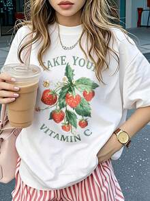 Camiseta casual de manga corta con cuello redondo y estampado de fresas y vitamina C para mujer, estilo vintage blanco de verano, estilo urbano unisex, camiseta de algodón de manga corta con - Blanco - Ver 1