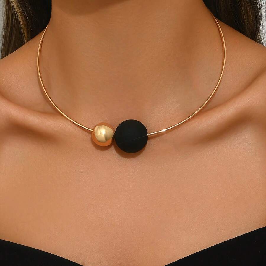 1pc Elegant Minimalist Metal Choker Necklace With Asymmetric Small Ball Design, Premium Style, Suitable For Banquets, Gatherings, Holidays, Gifts And Parties - White - View 1