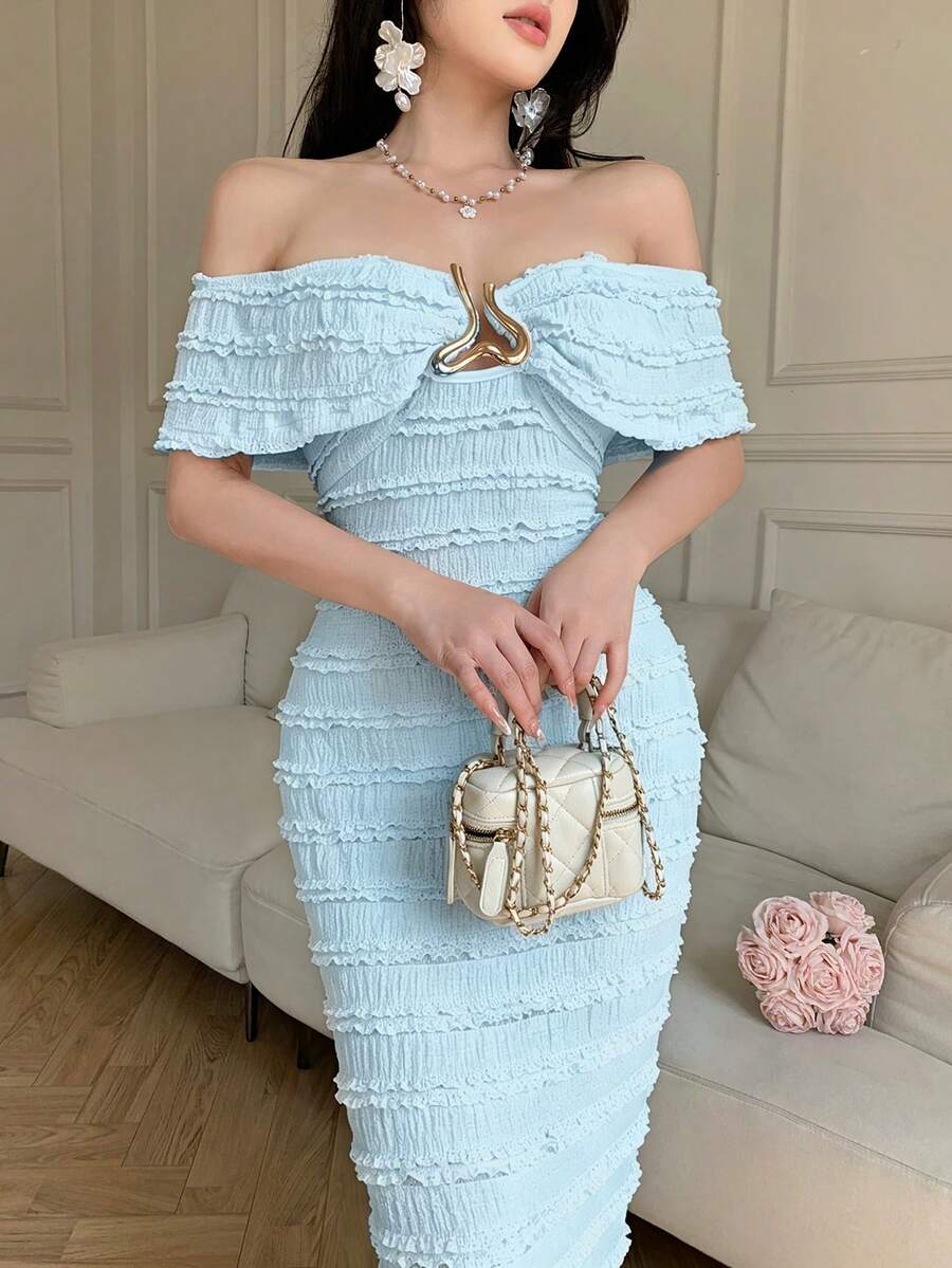 abyoxi 女士优雅浪漫露肩荷叶边修身连衣裙,适合派对、夜生活、婚礼宾客、毕业典礼、舞会、度假等场合,春夏美人鱼款式 - 淺藍色 - 查看 1