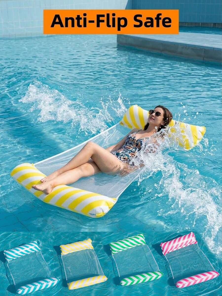 Hamaca inflable de estética premium con almohada ergonómica y diseño a rayas, tumbona flotante de PVC reforzado de alta flotabilidad, silla flotante de malla reutilizable, cama de agua flotante para adultos hombres y mujeres, accesorio inflable para piscina, esencial de playa, flotador de piscina